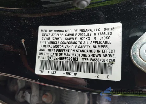 2015 Honda Civic Ex-L из США, поврежденный, VIN 19XFB2F96FE249103